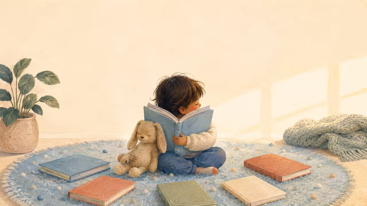A child hugs a picture book to their chest, eyes softly closed, with stacks of children's books and a stuffed bunny beside them on a rug.