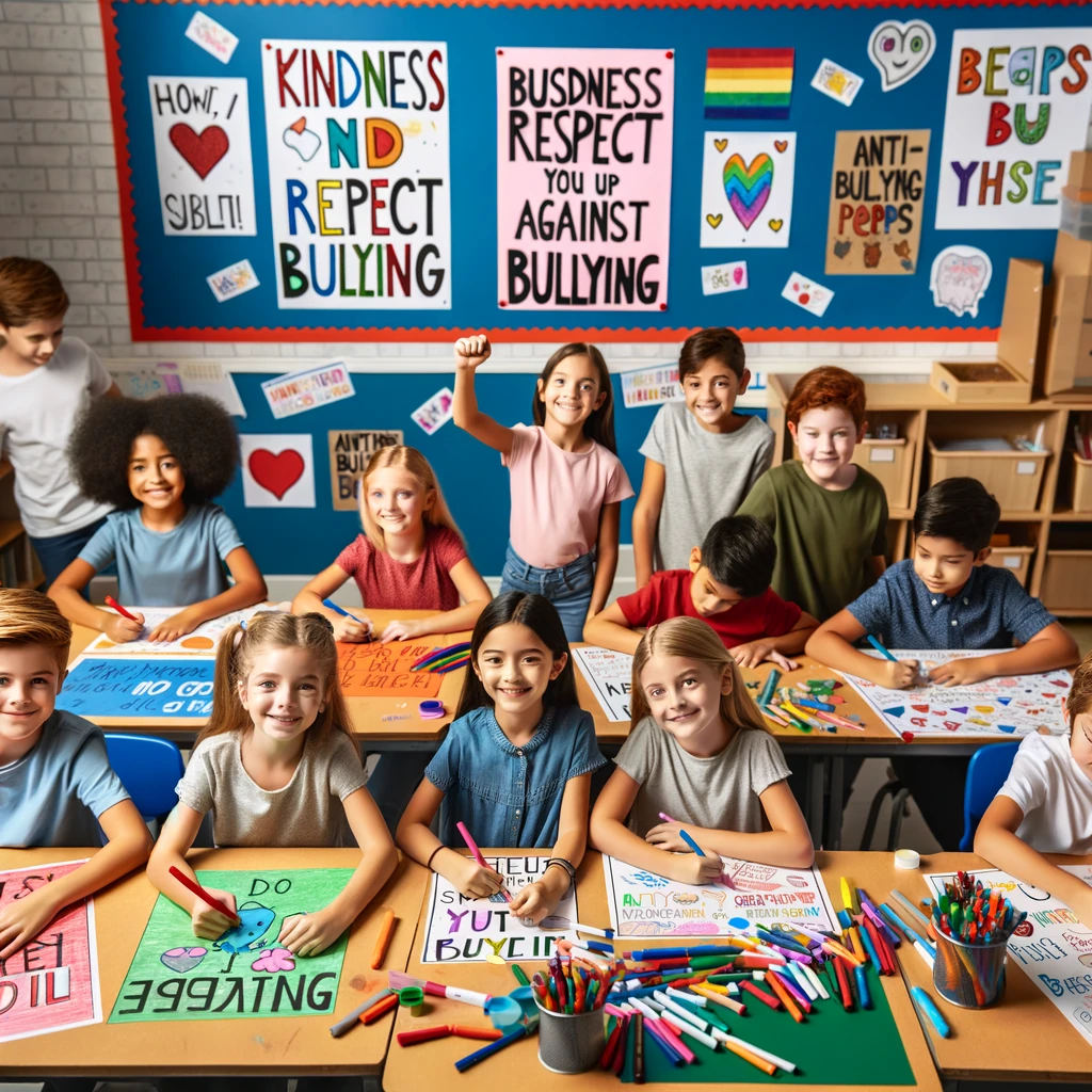 An elementary school classroom with students creating anti-bullying posters. The children are working together in groups